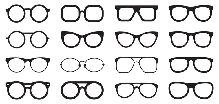 Unique designer eyeglass frames vector icons including vintage and contemporary rim silhouettes.
