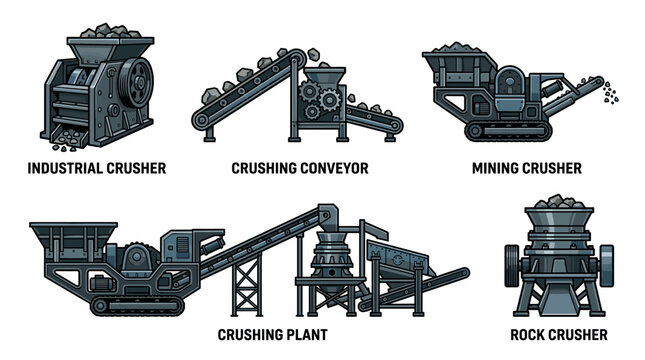 Industrial crushing and mining equipment illustrations set depicting various machinery used in rock processing, material handling, and aggregate production operations.