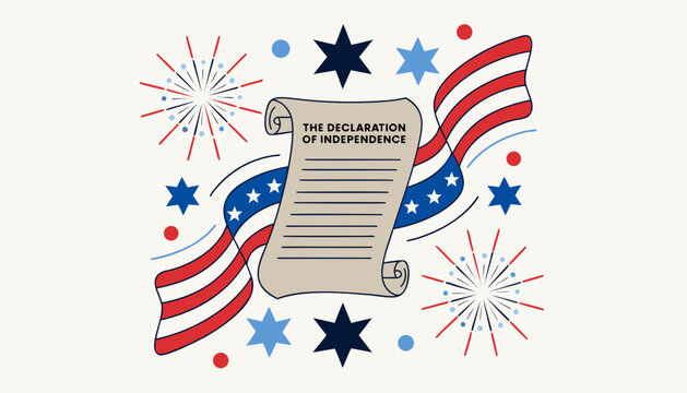 American Independence Day icons, patriotic symbols, USA flag, fireworks, Declaration of Independence
