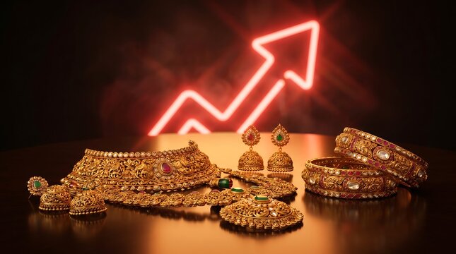 Luxury traditional Indian gold bridal jewelry set with a glowing red upward pointing arrow representing increasing market value