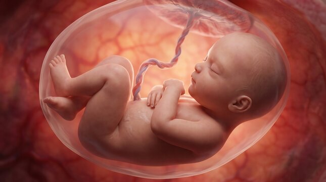 Human fetus developing inside the womb with visible umbilical cord in a highly detailed medical 3D render illustration