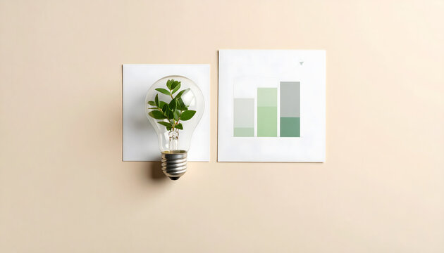 Bombilla de luz con hojas verdes en el interior sobre gr&aacute;ficos 
