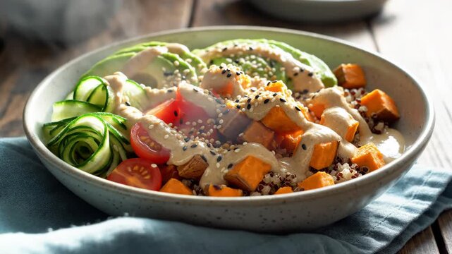 Healthy Vegan Buddha Bowl with Roasted Sweet Potato, Red Quinoa, Sliced Avocado, Spiralized Cucumber, Cherry Tomatoes, and Tahini Dressing with Sesame Seeds on Wooden Table