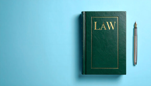 Vista superior de libro de derecho verde con pluma estilogr&aacute;fica sobre fondo azul