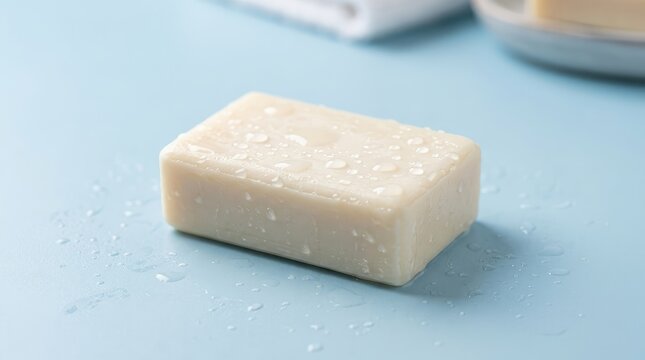 Clean bar of soap with water droplets on a light blue surface, representing hygiene and freshness.
