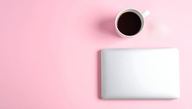 Computadora port&aacute;til cerrada con taza de caf&eacute; y auriculares sobre fondo rosa pastel