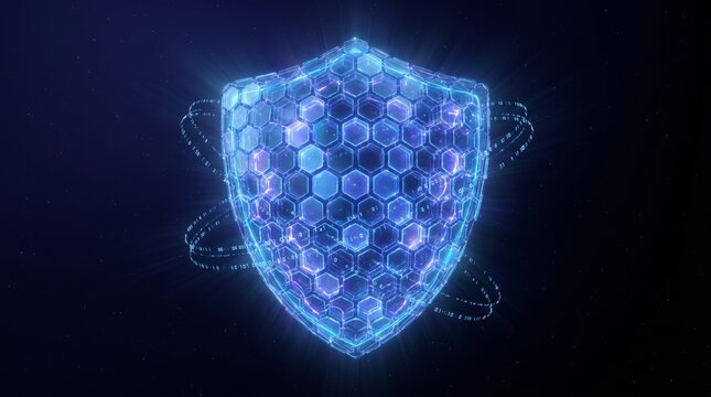Glowing Hexagonal Digital Shield Floating in Dark Void &mdash; Cybersecurity Protection Abstract