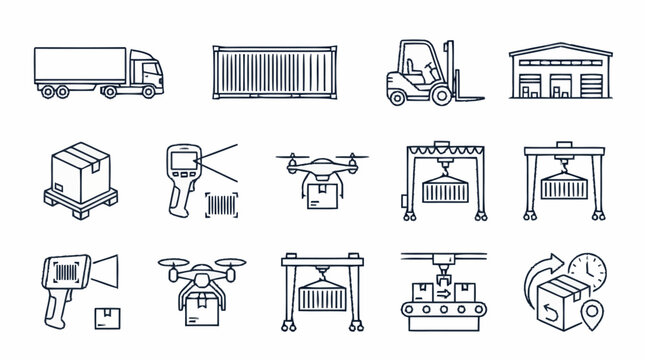 Logistics and delivery icons set with truck container forklift warehouse.