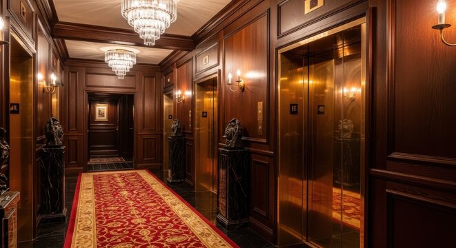 Elegant wood paneled hallway with ornate brass elevators and luxurious red carpet