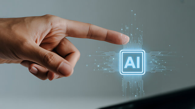 Programmer using laptop with AI coding assistant for software development and automation. Artificial intelligence generates code, detects bugs, optimizes workflow, and supports application building.