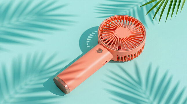 Ventilador port&aacute;til moderno con est&eacute;tica minimalista y colores veraniegos vibrantes.