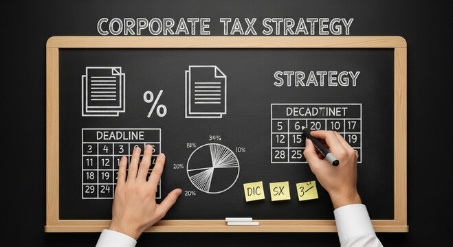 A blackboard displays CORPORATE TAX STRATEGY with hand-drawn charts, calendars, and sticky notes, illustrating financial planning