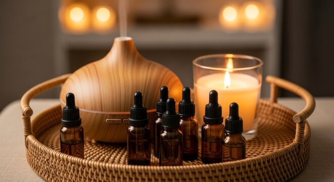 Diffuseur d'ar&ocirc;mes et flacons d'huiles essentielles avec bougie et plateau