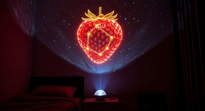 Illustration conceptuelle d'une projection holographique abstraite de fraise dans une pi&egrave;ce sombre