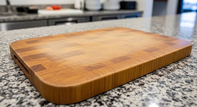 Worn wooden butcher block cutting board with visible knife marks on a granite countertop