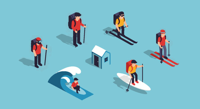 Diverse group of people engaged in various outdoor adventure sports and activities, including hiking, skiing, surfing, and paddleboarding.