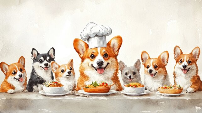 Work lunch meeting casual Playful Corgis Dressed as Chefs Enjoying a Gourmet Feast in a Whimsical Setting