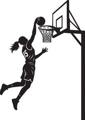 Female Basketball Player Slam Dunking Ball Silhouette with Hoop and Backboard © sketch lab