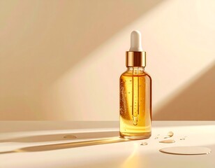 Naklejka premium Amber glass dropper bottle with cosmetic face oil on sunlit beige surface with long shadows