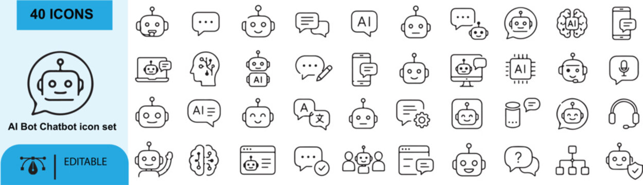 Set of 32(AI Bot Chatbot ) icons Each icon will be different, create a vector outline icons using white background and black color 