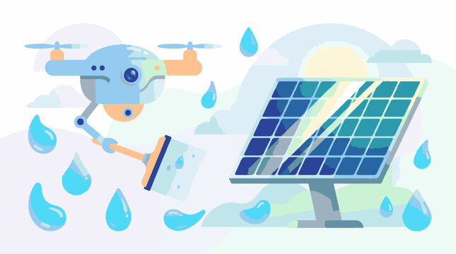 Automated drone cleaning a solar panel with a squeegee while raindrops fall, depicted in a modern flat design vector illustration