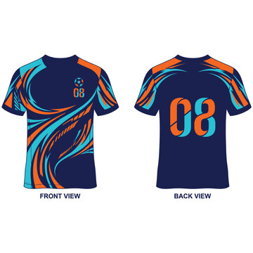 Navy blue sport t shirt with teal and orange swirls, front and back view