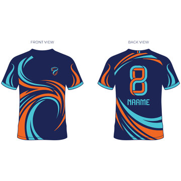 Blue sports jersey with orange and cyan flowing lines, front and back view