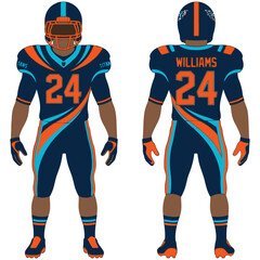 Fototapeta premium American football player uniform in navy blue with orange and teal accents
