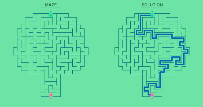 Broccoli tree shaped clipart puzzle game isolated on transparent background green square grid with blue solution path