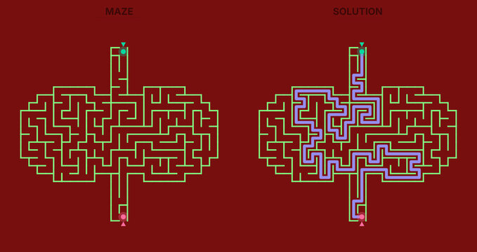 Complex butterfly shaped square grid maze puzzle with lavender solution path on dark maroon background