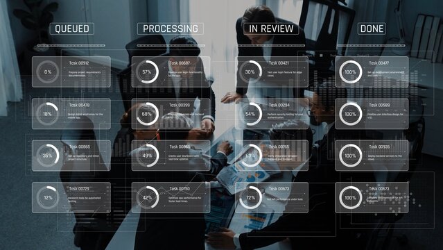 A dynamic office scene showcasing a collaborative team reviewing a task management dashboard, highlighting project status updates to enhance productivity and workflow. Raster