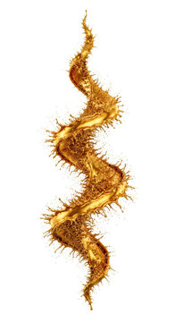 hyper-detailed cgi of spectacular 24k molten gold fluid violently splashing and spiraling mid-air, showing fine micro-droplets on a white background. concept for luxury product advertising