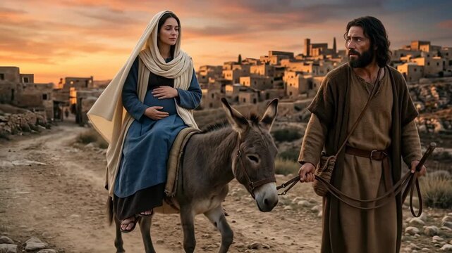 Pregnant Virgin Mary riding a humble donkey led by faithful Saint Joseph arriving at Bethlehem during a warm golden sunset representing the holy biblical nativity journey before Christmas