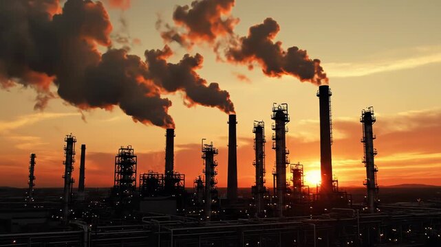 Industrial oil refinery plant at sunset, silhouette of factory chimneys with smoke emissions, environmental pollution concept