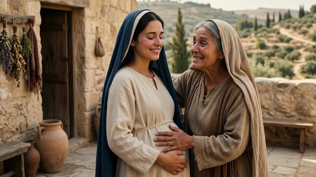 Joyful pregnant Virgin Mary wearing a blue veil visiting older cousin Elizabeth sharing a tender embrace during the biblical visitation moment anticipating the holy birth of baby Jesus