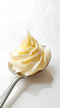 Close up of creamy mayonnaise swirl on stainless steel spoon against plain white background