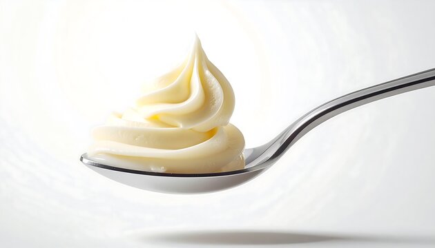 Close up of creamy mayonnaise swirl on stainless steel spoon against plain white background