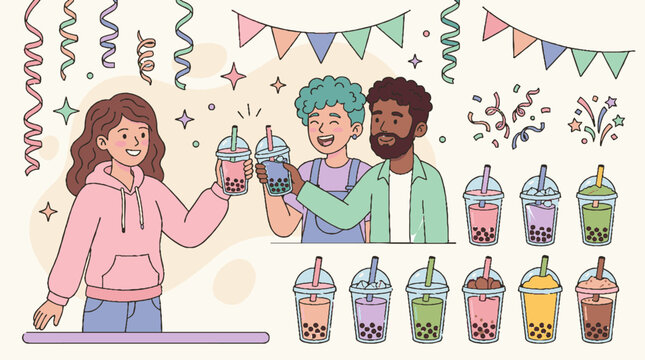 Diverse young people celebrating with bubble tea drinks and party decorations, featuring a variety of boba flavors