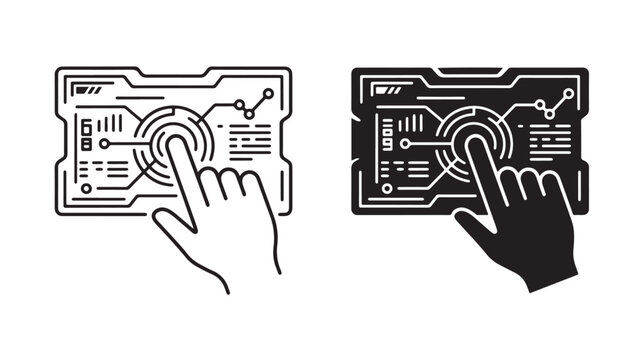 Hand Touching Screen Interface For Technology Concepts In Black And White