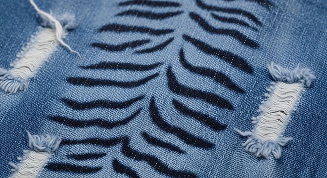 Closeup of blue denim fabric with black embroidered pattern and frayed ripped holes