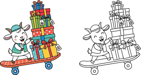 Cute Eid al Adha Goat Delivering Gifts on a Skateboard Kawaii Cartoon © Mehrab