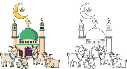 Cute Cartoon Goats and Mosque with Crescent Moon for Eid al Adha Celebration © Mehrab