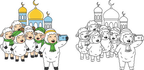 Cute Cartoon Lambs Taking Selfie in Front of Mosque Eid Celebration © Mehrab