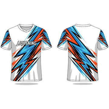 White esports gaming jersey design with blue and orange lightning pattern