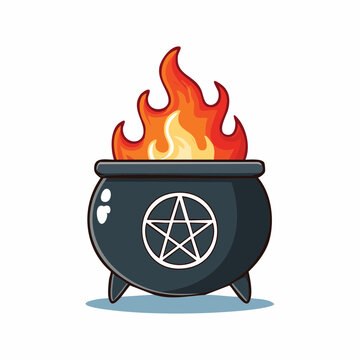 Witch's Cauldron with Pentagram and Flames