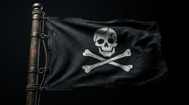 Pirate flag jolly roger symbol with skull and crossbones waving on old wooden mast against dark background representing maritime history sailing adventure and danger.