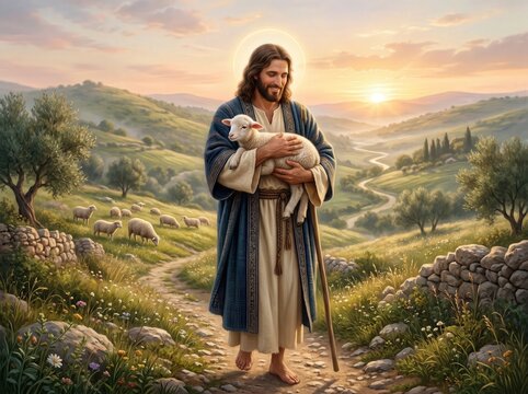 Jesus Christ as the Good Shepherd, holding a lamb and walking through a sunlit countryside with sheep in the background