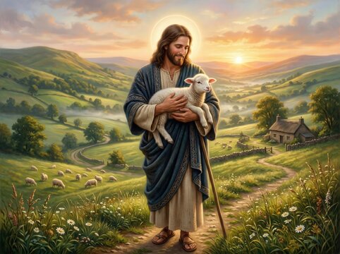 Jesus the good shepherd holding a lamb in a pastoral landscape at sunset