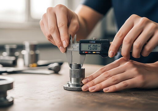 Close-up of hands using a digital caliper to measure a metal component in a workshop setting.