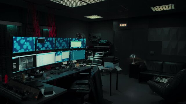 Dark and empty computer security center with glowing screens and messy desk for surveillance operations